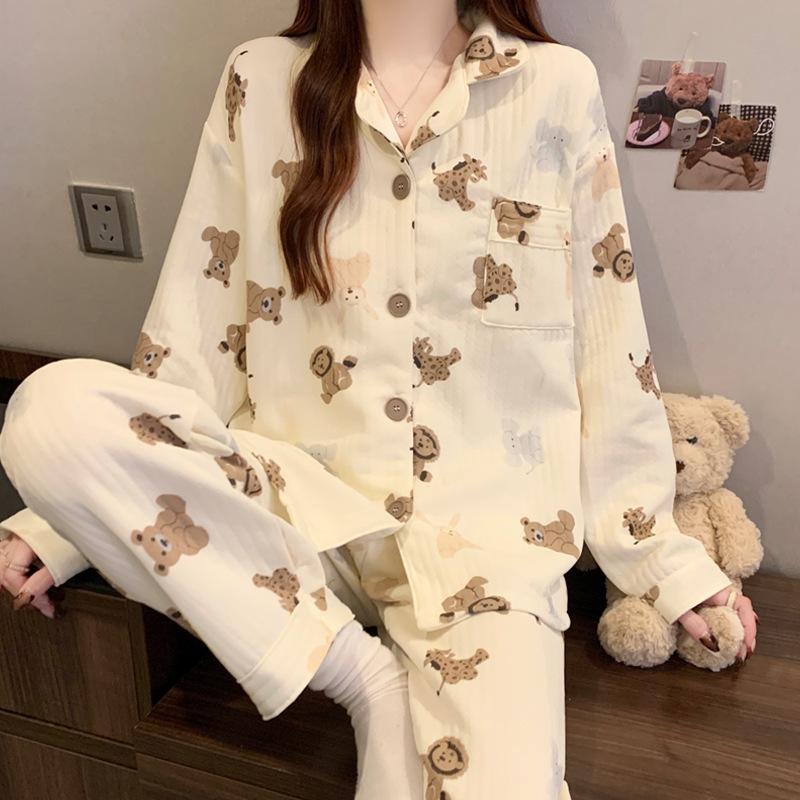 Air cotton pajamas women's autumn and winter long sleeves thickened interlayer warm stars cat student loungewear real shot