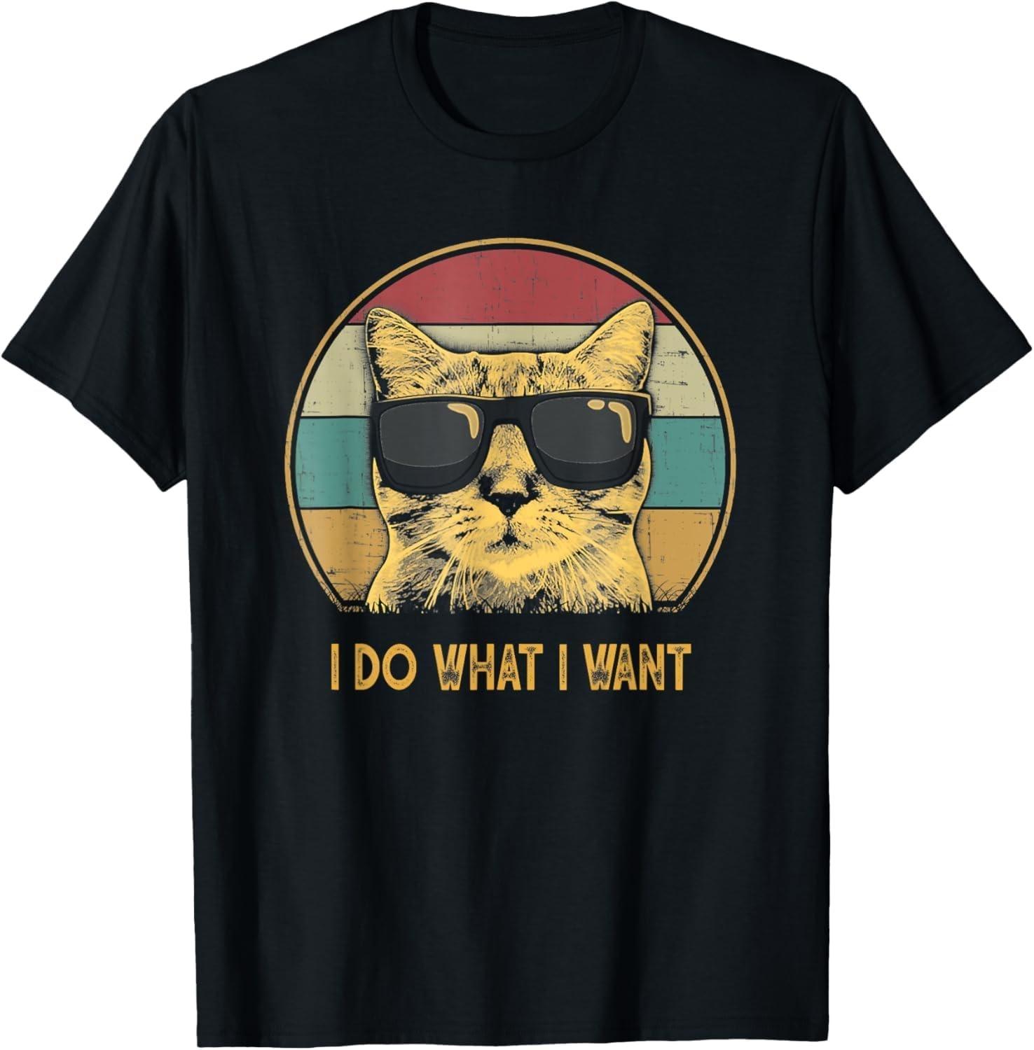 NEWTRUE Retro I do What I Want cat Funny cat Lover T-Shirt S