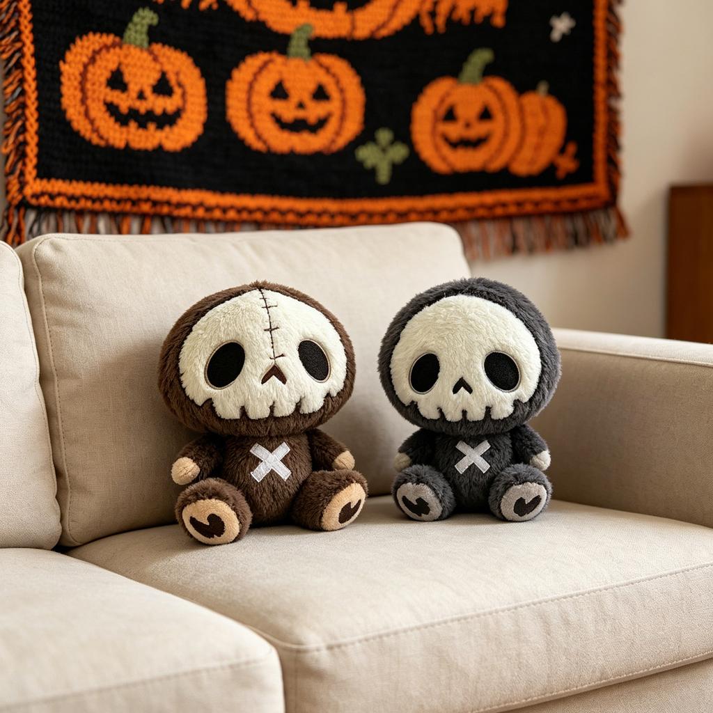 Plush Skull Doll Halloween Decoration Soft Stuffed Toy Skeleton Figure Sitting Pose Indoor Outdoor Display Collectible