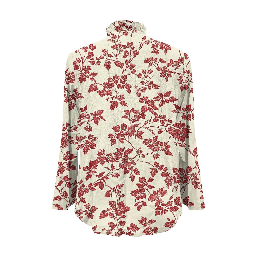 Women's Loose Ruffled Retro Floral Print Stand Collar Long Sleeve Cotton And Linen Top