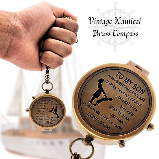 Nautical Compass To My Son Love Mom Poem Engraved Solid Brass Navigational Marine Compass with Wooden Box