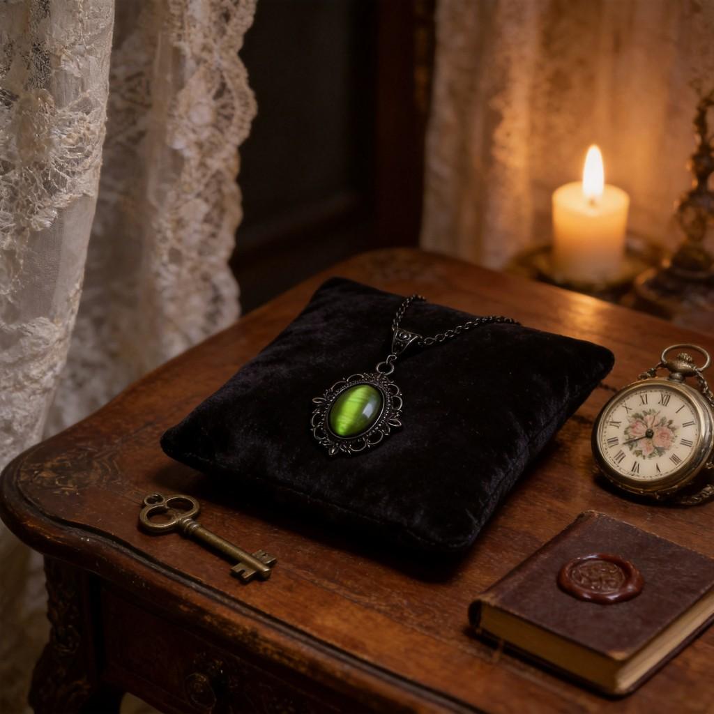 Gothic Vintage Black Pendant Necklace With Green Stone For Party Wear