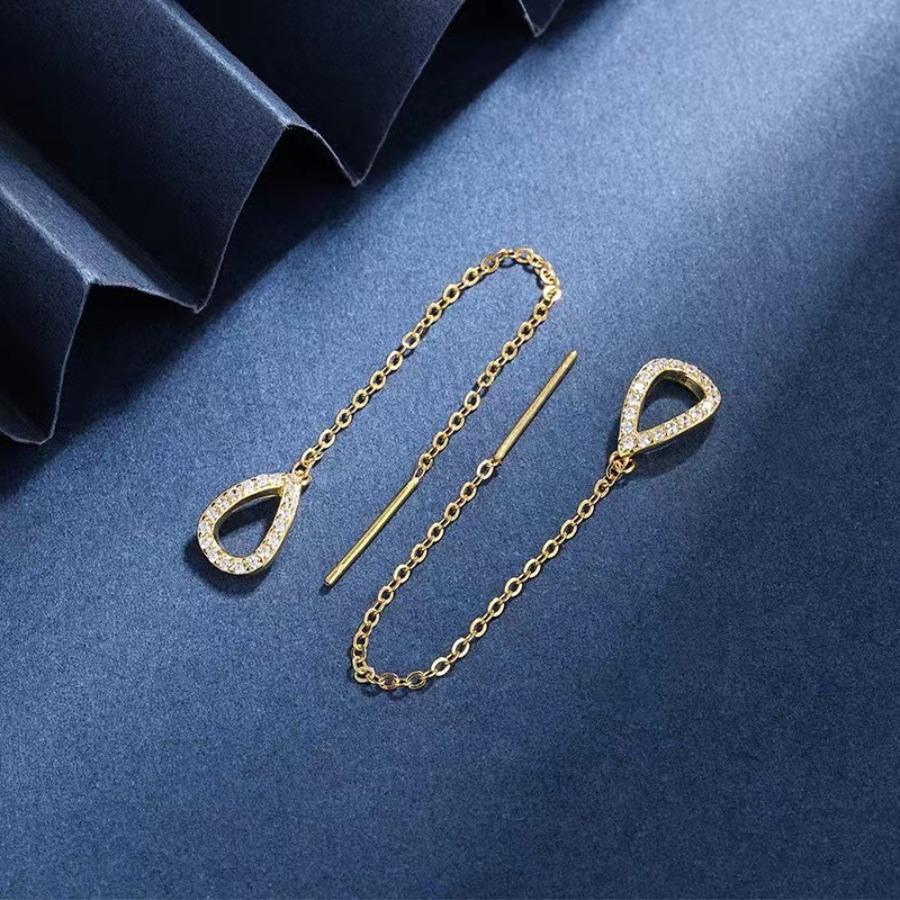1 Pair of Hollow Hanging Chain Design with Shiny Synthetic Zirconia Inlaid Pendant Earrings, Elegant and Simple Style Decoration