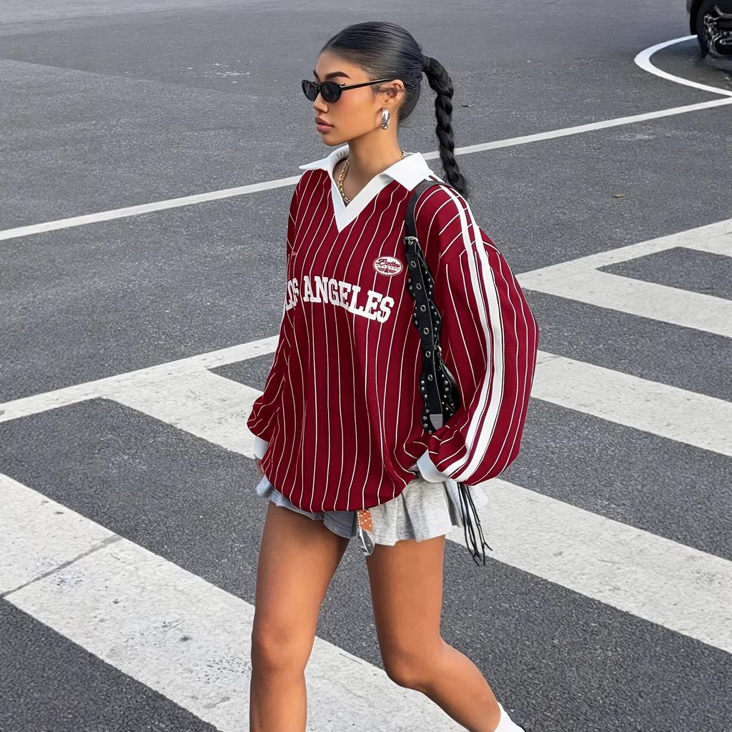 Dam Vintage Sports Färgblock Krage Randig Överdimensionerad Långärmad Tröja Casual Topp