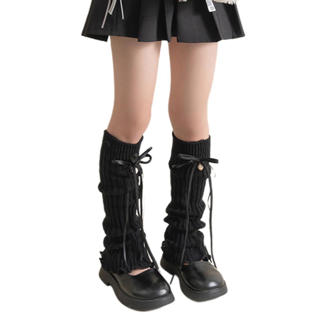 Lovely Bell Decorated Socks Stackable Long Ribbon Girls Pile Up Socks Classic Solid Color Sock Sleeves Knitted Leg Cover