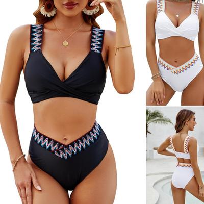 Costume da bagno spezzato a vita alta con incrocio di colori ed elastico, scollatura profonda a V, bikini sexy monocolore