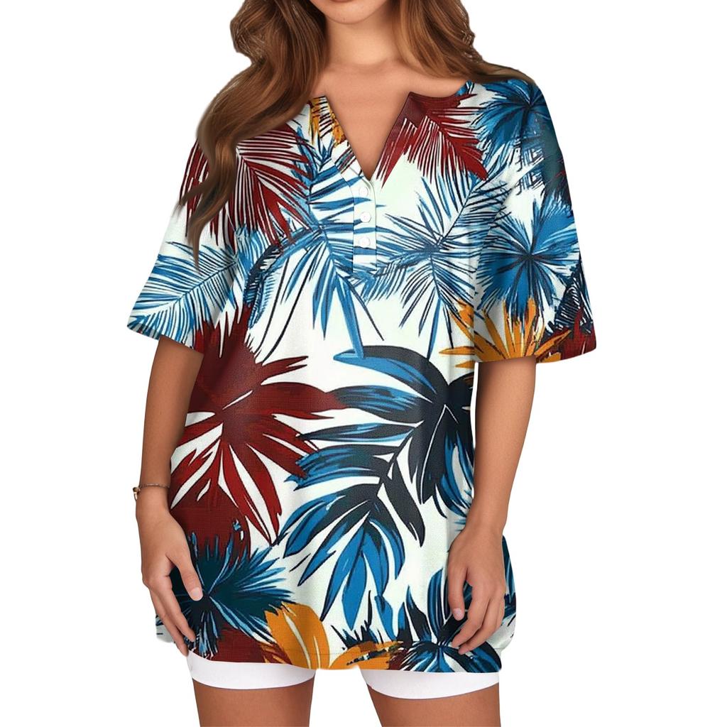 Women's T Shirt Print Button Short Sleeve Daily Weekend Fashion Basic V- Neck Regular Top