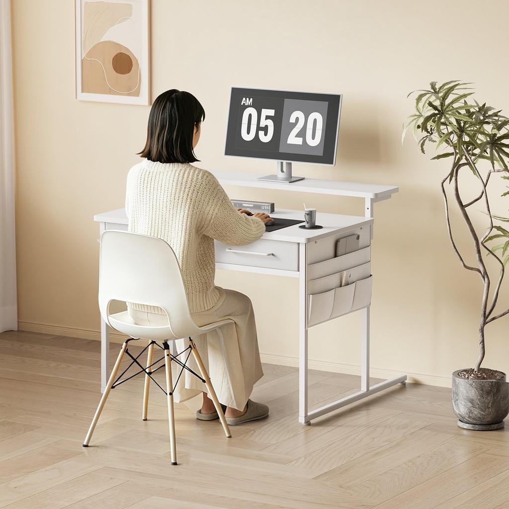 Maihail 80cm Wide Compact Computer Desk with PC Study Desk with Height Adjustable Monitor Suitable for Single White Drawer, Desk, Hooks, Arm, Living,