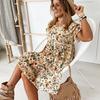 Summer Short Sleeve Round Neck Fashion Sexy Flower Print European and American Pleated Dress Women's Casual Dress