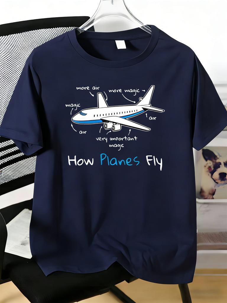 Unisexs Tee Cartoon Airplane And How Planes Fly Text Print Cotton Short Sleeve Male Casual Streetwear Daily Basic Fashion Top