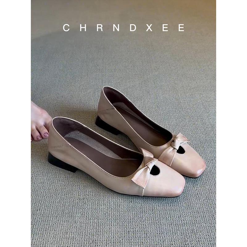 

Sheepskin version~ French satin bow light mouth single shoes women s 2025 new casual low heel square head fashion women s shoes 39