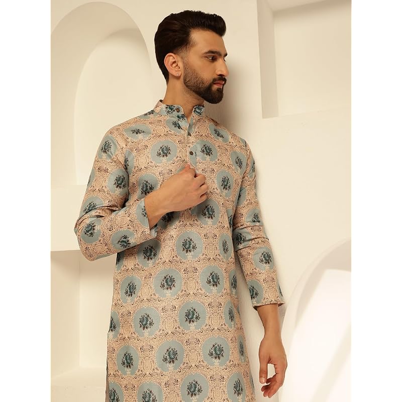 SOJANYA (Seit 1958 Herren Baumwolle Leinen Motiv Blüte Bedruckt Pista Langer Kurta