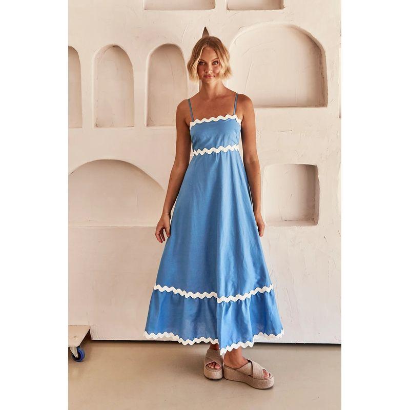 

Solid Color Lace Patchwork Camisole Dress Lace Splicing Sling Dress Lake Blue S