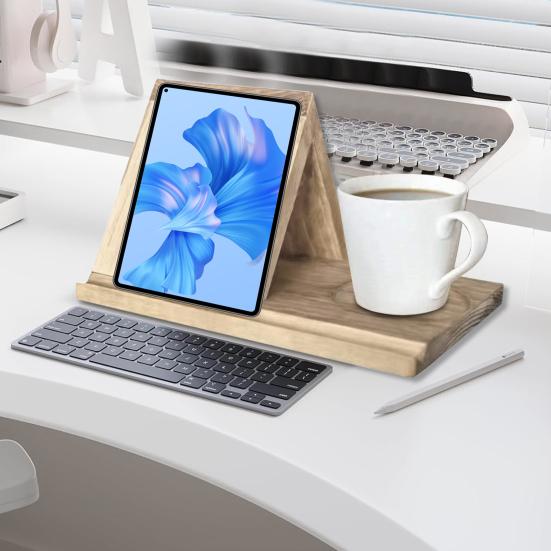 Wooden Bookshelf Organizer with Picture Frame Wood Desktop Book Stand Triangle Book Holder Home Office Decor