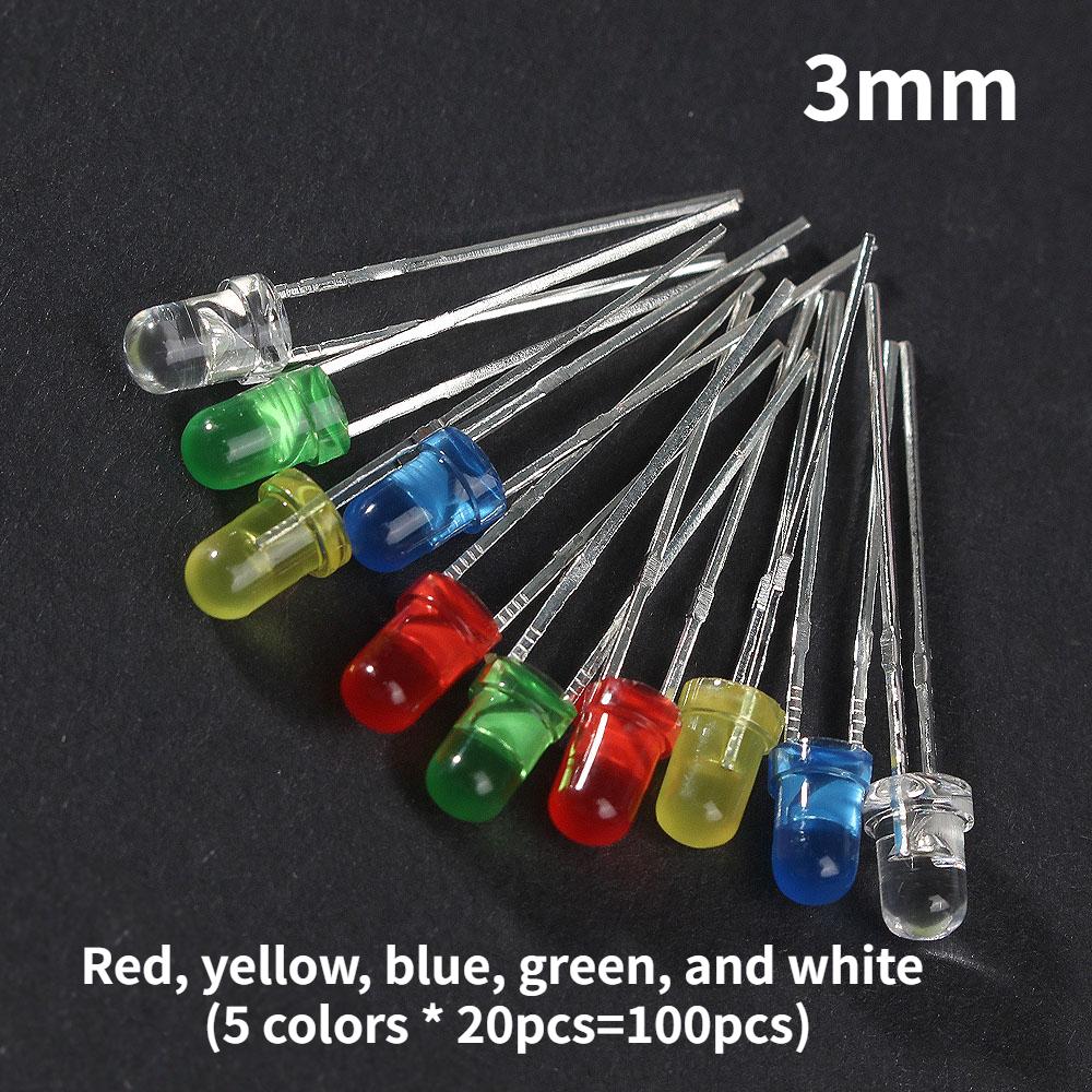 100PCS 3mm LED Diode 5mm Super Bright LED Emitting Diodes Assortment Set 2x5x7mm White Red Green Blue Yellow DIY Electronic Kit