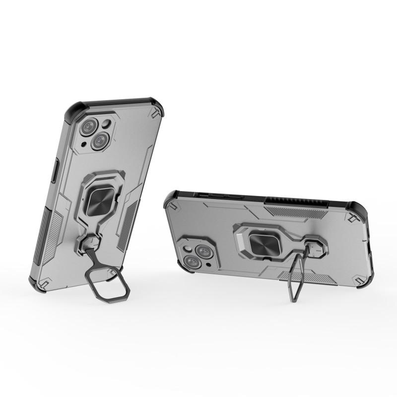 For iPhone 14 Phone Case WANLONFENG PC TPU Back Cover Kickstand with Tempered Glass