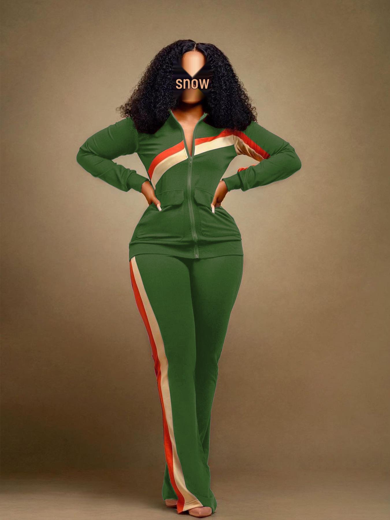 TW521 Женский двухпредметный спортивно-повседневный комплект в полоску с пэчворком L зелёный