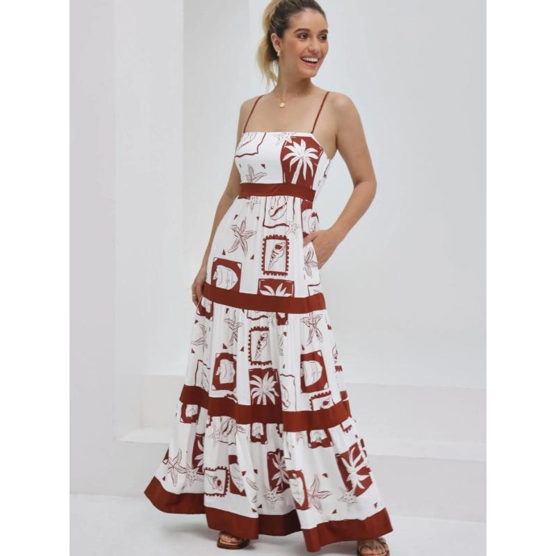 VEZFAA Women's Fashion Summer Spring Colour Block Print Sleeveless Suspenders High Waist Casual Dresses