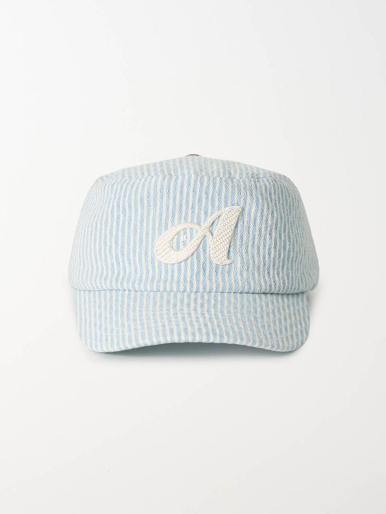Olinkeompeulliteu Argyle Stripe Denim Pillbox Cap (Light Blue)