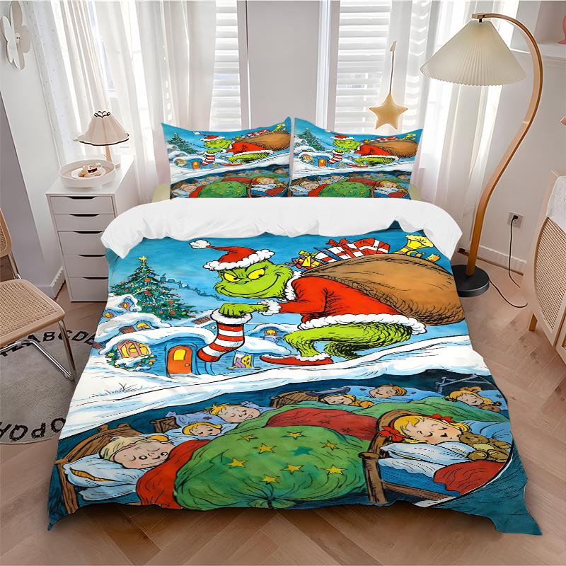 3Pcs Grinch Christmas Gifts Bedding Set Quilt Cover Pillowcase Home Christmas Xmas Halloween Gift 1 Duvet Cover 2 Pillowcase S921653