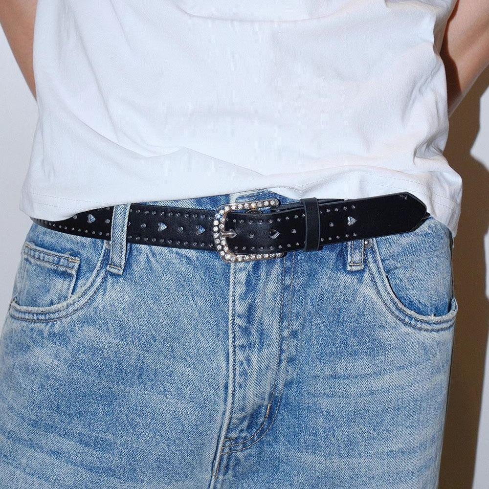 Love Heart Y2K Wide Belt Punk PU Leather Waistbands Lovely Rhinestone Waist Belt  Spice Girl