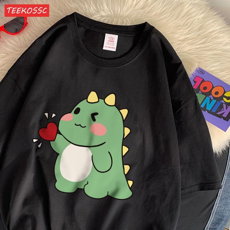 Trend Cotton Women'S T-Shirts Cute Little Dinosaur Confesses Love Printing Tee Shirts Soft Loose O-Neck Summer Female Clothes