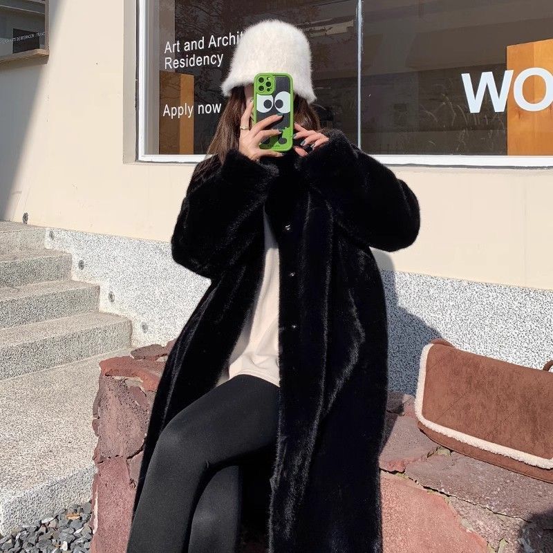 Medium and long imitation fur coat stand-up collar cotton thickened loose imitation mink coat women's light