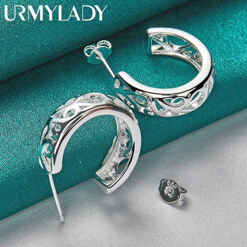 925 Sterling Silver Semicircle  Hollow Plant Stud Earrings For Women Fashion Charm Jewelry
