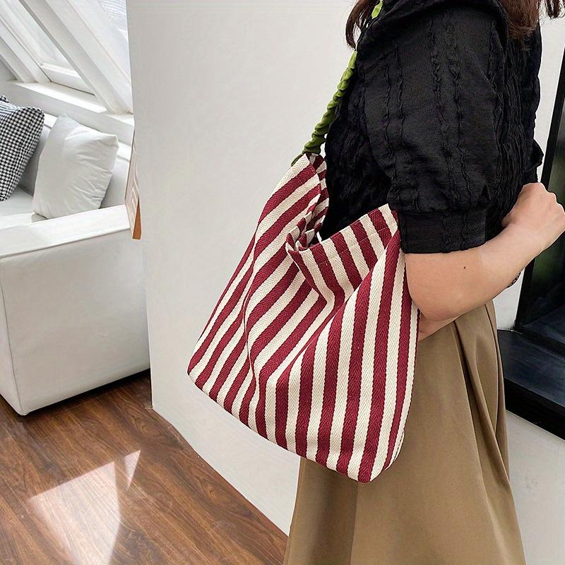 Large Capacity Striped Tote Bag Stylish Yellow & Blue Vertical Stripes, Spacious Shoulder Bag with Ruffled Detail, Perfect for Casual Shopping Bag