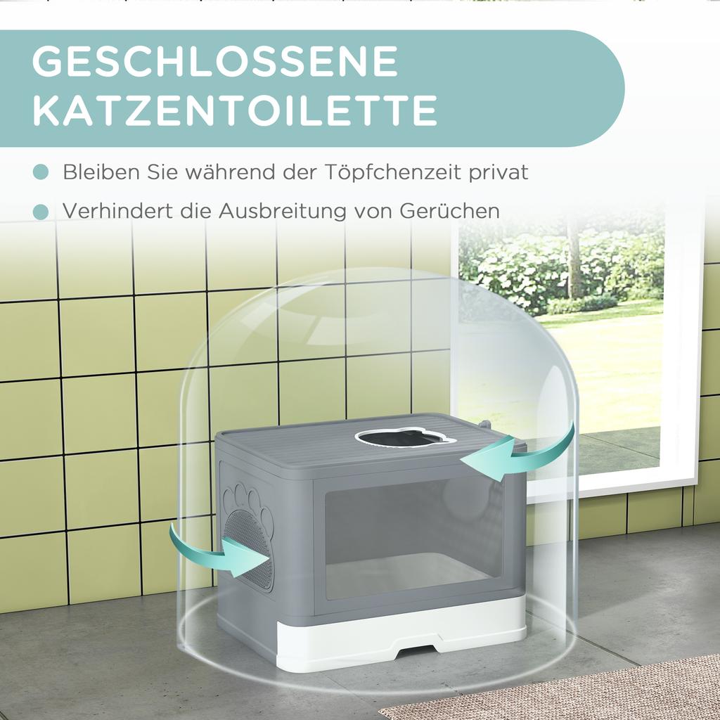 Enclosed Cat Litter Box with Lid, Front Entry, Top Exit, Drawer, Tray, Scoop, Brush, 48.5 X 38 X 36.5cm - Grey