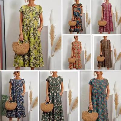 Abito estivo in cotone e lino senza maniche, stile europeo e americano, colori e taglie coordinate - Abito girocollo stampato per donna