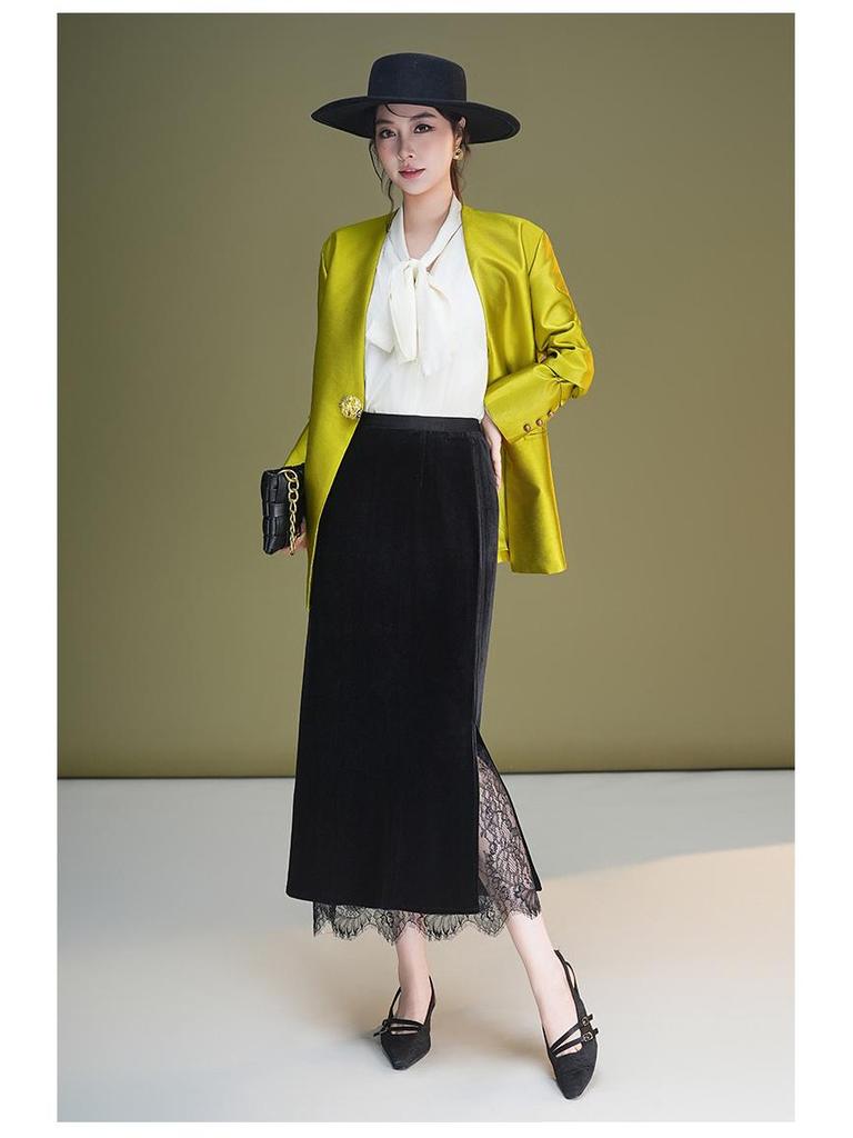 Elegant Velvet Lace Trim High-Waisted Slit Tube Pencil Skirt