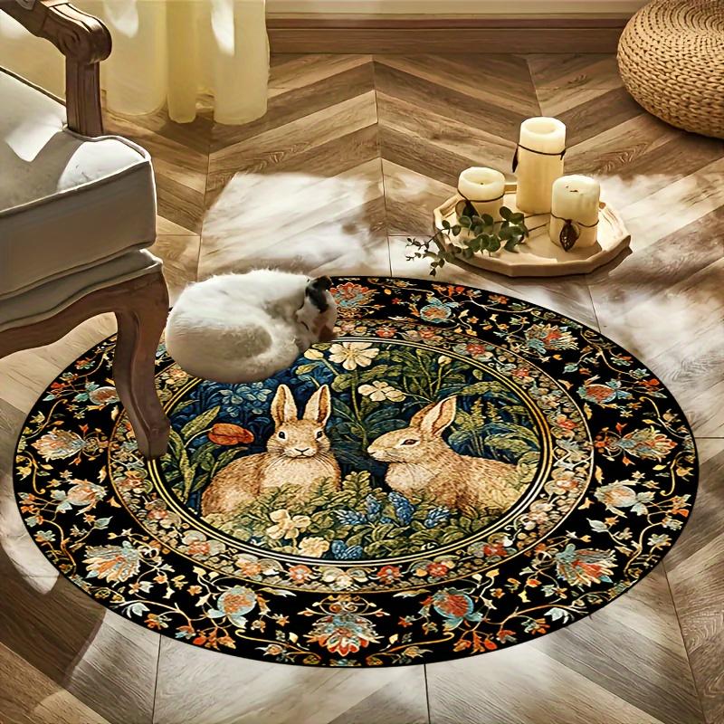Aesthetic Bunny Love Round Carpet Soft Non-Slip Decorative Mat 2D Print Nature Style Flower Rug for Nursery Patio Holiday Gift