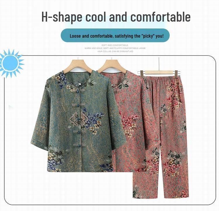Mother's Day Summer Mid-Sleeve Set for Grandma – Casual Two-Piece Outfit for Middle-Aged and Elderly Women