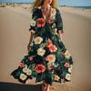 Women's Summer Fashion V-neck Retro Floral Print Short Sleeved Beach Dress With Lace Patchwork Dress