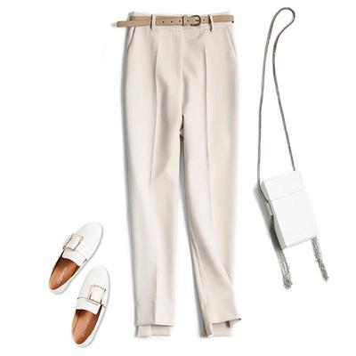 Women's Off-White High-Waist Slim Cigarette Pants - Light, Straight, Casual Spring Style