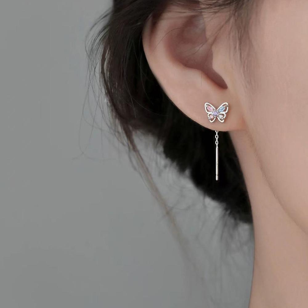 925 Silver Needle Zircon Butterfly Short Chain Tassel Stud Earrings For Women Classic Fine Jewelry Light Luxury Accessories