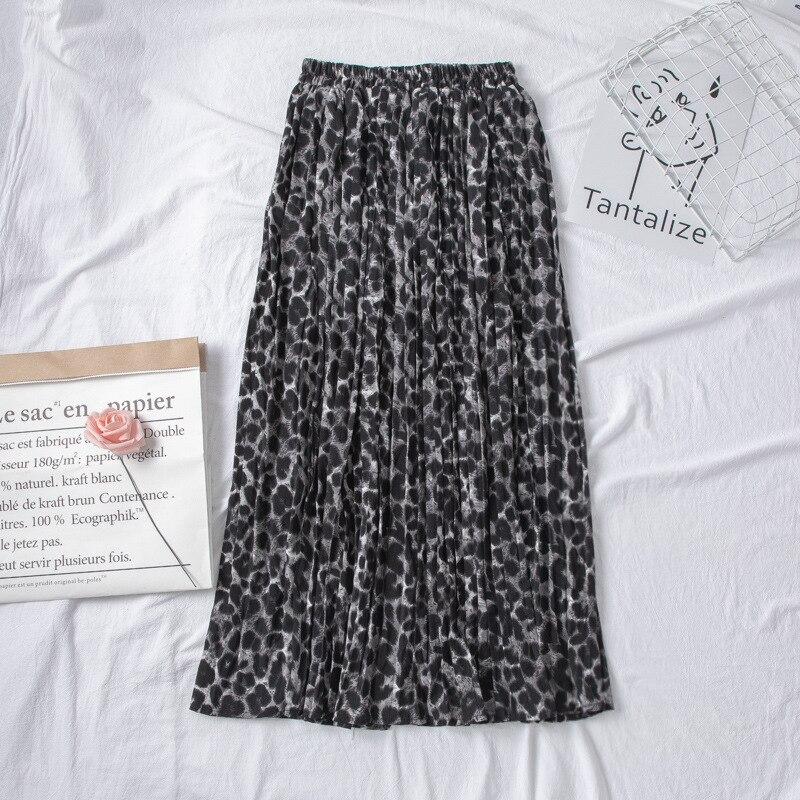 Qooth Summer Mid Length Pleated Skirt Leopard Print Chiffon Skirt Casual Elegant Women Skirts QT120