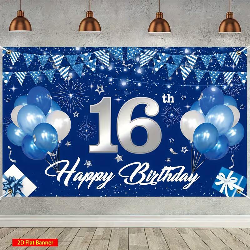 2D Blue & Silver 16th Birthday Backdrop, Glitter Star Themed Photography Background