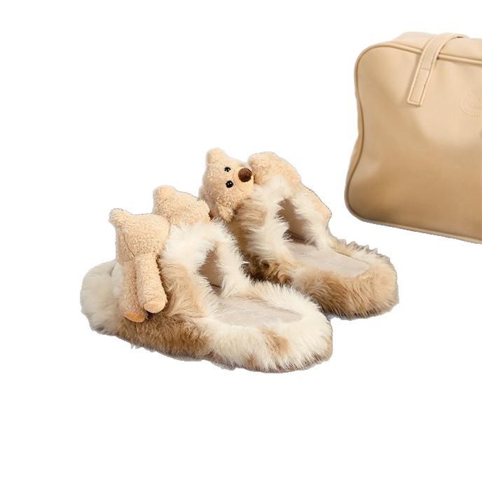 Cute Fluffy Slippers Women's 2025 Autumn and Winter New Temperament Fashion Doll Versatile Lazy Wearing Plush Slippers Women