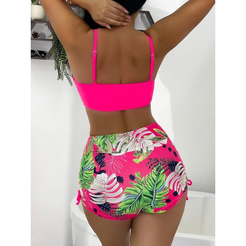 Women's Neon Green Tropical Leaf Two Piece Swimsuit - High Waisted Drawstring Bikini Set