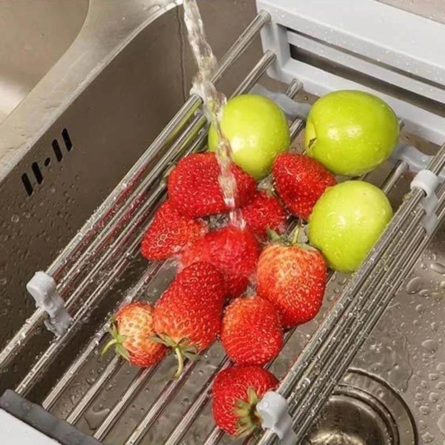 Verstellbares Geschirr-Aufbewahrungsregal Edelstahl Spülbecken-Abtropfgestell Küchenaufbewahrung Obst- und Gemüse-Abtropfgestell Zufällige Farben