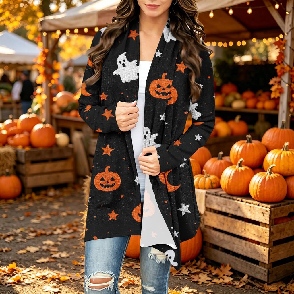 Damen Trendy Halloween-Print Langarm-Strickjacke Pullover für Lässige Herbstmode