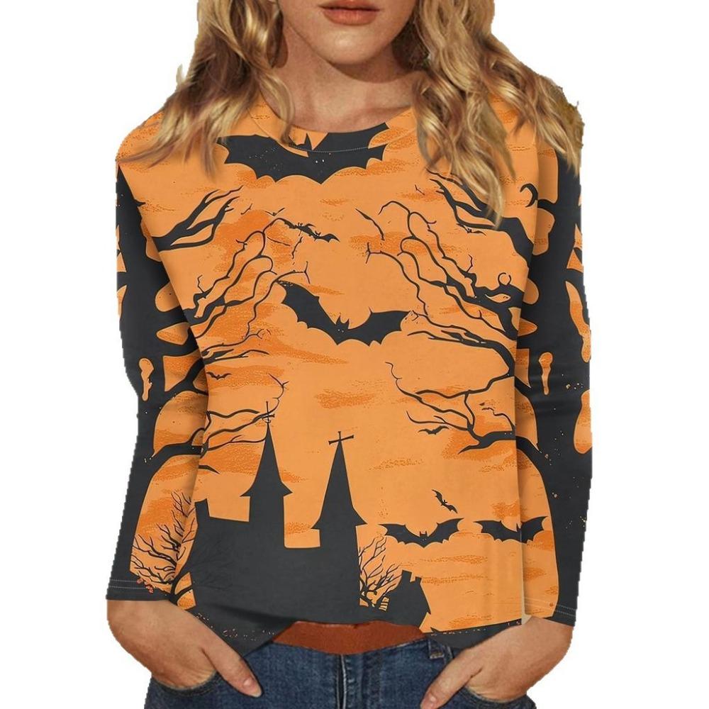 Fashionable 3D digital printed Halloween bat pattern women's round neck long sleeved T-shirt