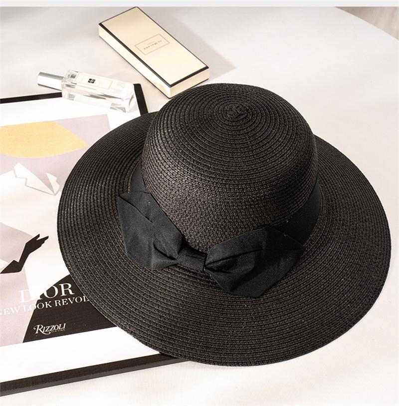 Large Eave Straw Hat for Woman Black Bow Tie EdgeSunscreen able Beach Hat Outdoor Seaside  Vacation Fashionable and Elegent
