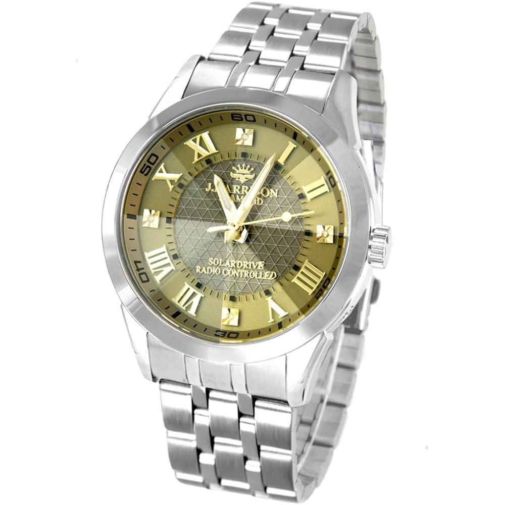 J.Harrison Men s Solar Radio-Controlled Watch Gold Dial with Crystal Cut Glass, Sleep Mode, Adjustable Strap GJH-1082