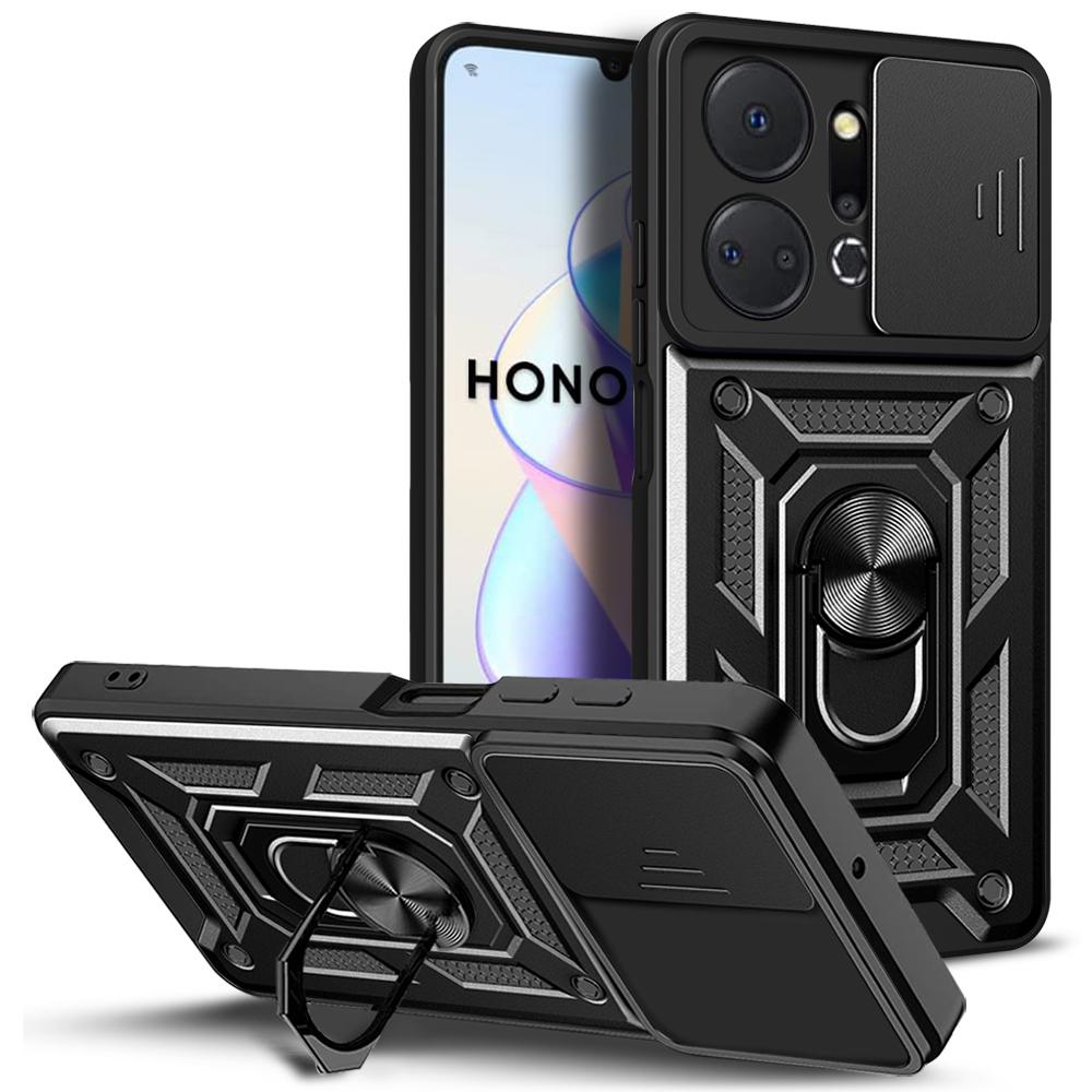 For Honor X7a 5G Kickstand Phone Case PC+TPU Phone Cover with Slide Camera Lens Protection