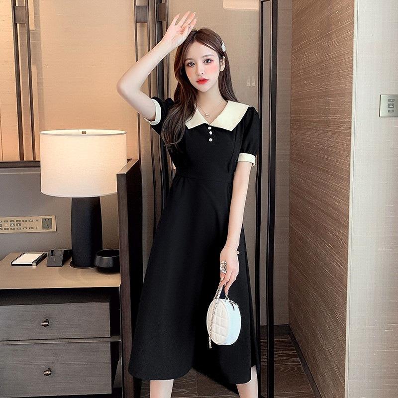 Summer French Retro Hepburn Style Temperament Skinny Long Dress Muse Fan Doll Collar Belt First Love Platycodon Dress