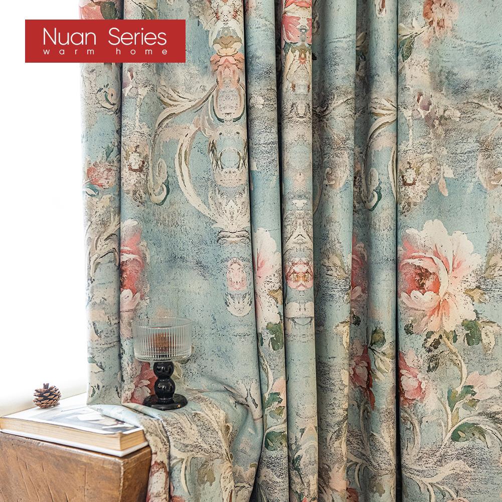 1PC Nuan Series French Idyllic Style Blackout Curtains Blue Bottom Peony Print Curtains Thick Curtains for Bedroom Living Room Window for Home Decor