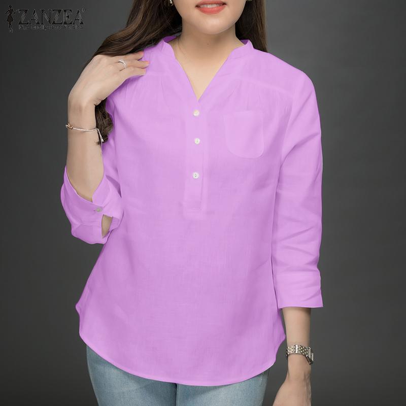 ZANZEA Women Casual V-Neck Solid Color Loose 3/4 Sleeve Blouse